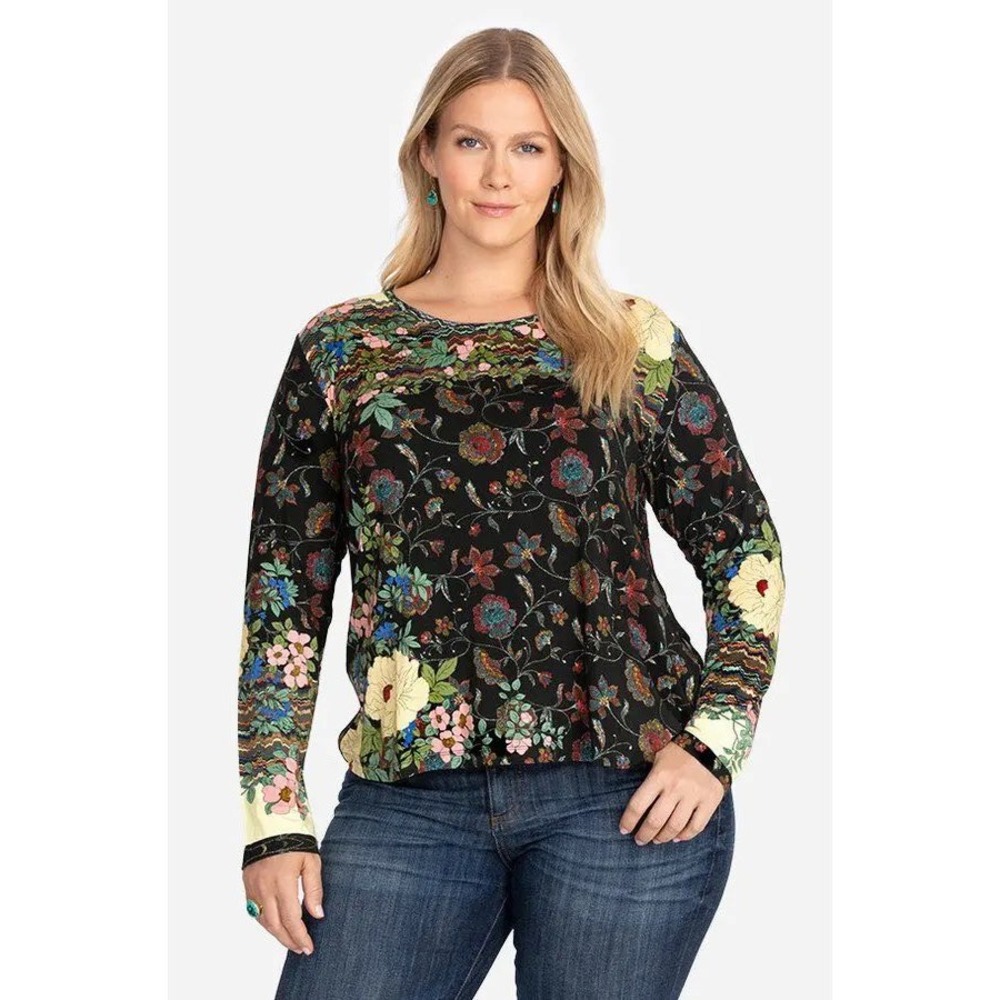 Johnny Was Bamboo Mixed Floral Geometric Print Long Sleeve Scoop Neck Black XL